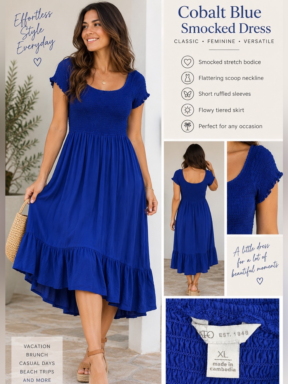 Cobalt Blue Smocked Boho Midi Dress XL | Flowy Tiered Peasant Dress